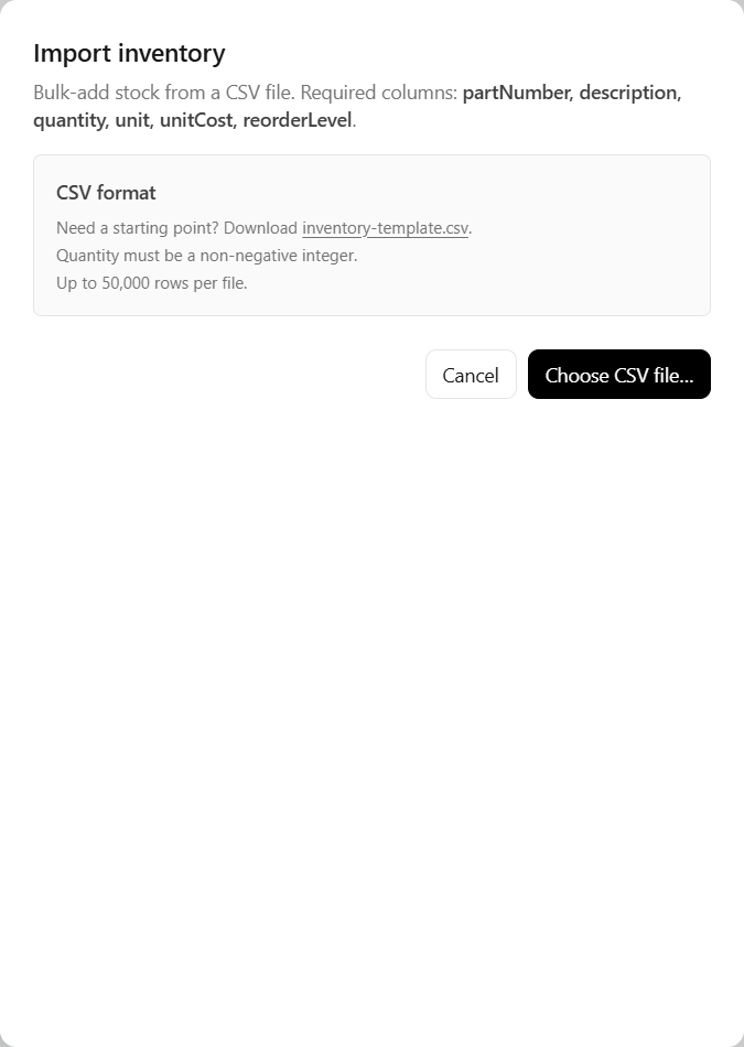 Import inventory bulk modal supporting up to 50,000 rows per CSV file