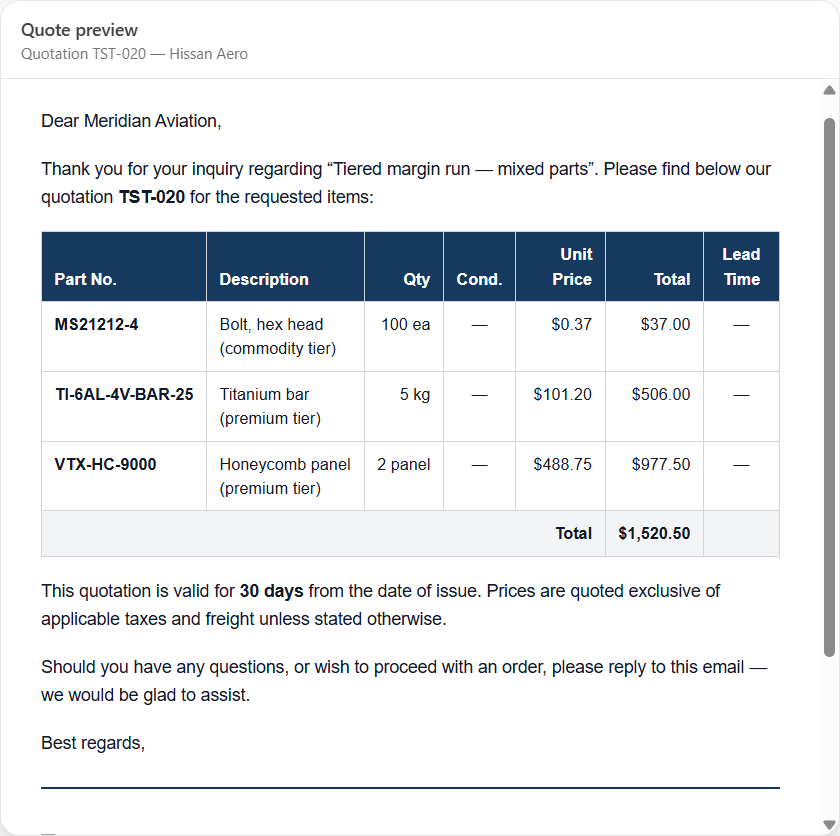 Formal customer quote preview modal with parts schedule, validity terms, and total pricing
