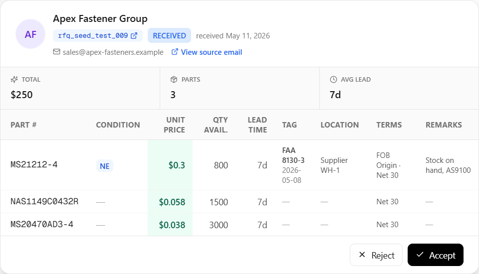Apex Fastener Group vendor quote card with FAA 8130-3 airworthiness tag, NE condition, $0.30 unit price, and Accept/Reject buttons